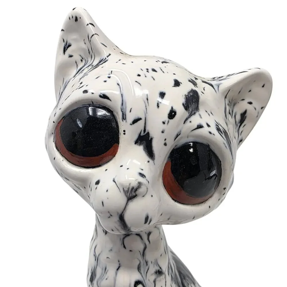 Vintage Big Eye Cat Figurine Black White Ceramic 7in Hairline Crack